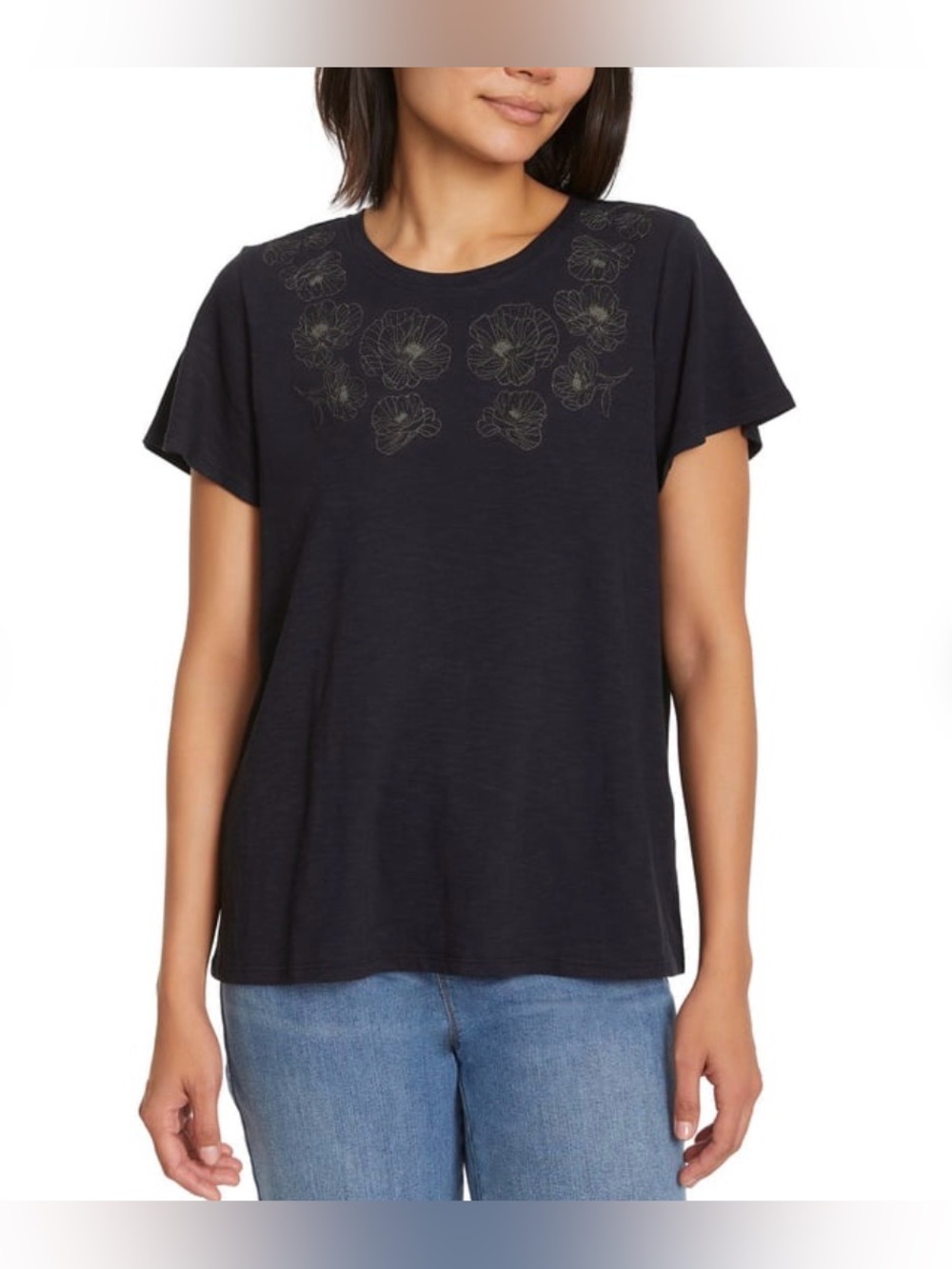 NWT Ella Moss Black Short Sleeve Tee with Floral Yoke size M